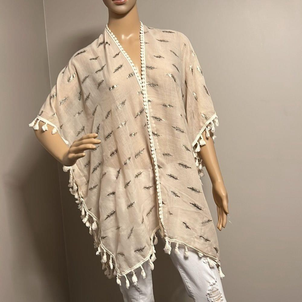 Cream Boho Poncho Kimono‎ Tassel Trimmed Feather Print OS